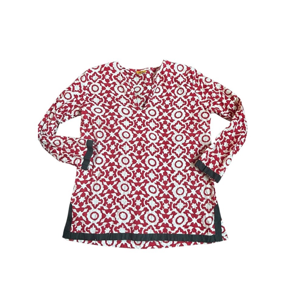 Roberta Roller Rabbit Red White Geometric Print Cotton Tunic Top XS